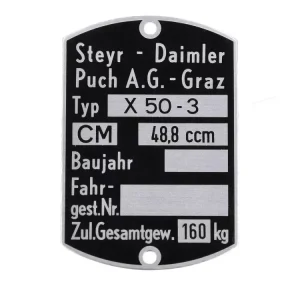 Typenschild Blanko 60 x 40mm für Puch, X 50-3 Abverkauf