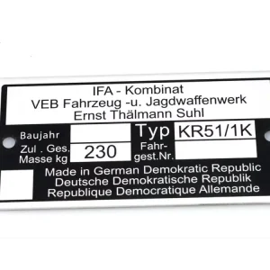 Zertifiziert Typenschild Aluminium 73,80mm 37,09mm 0,7mm für Simson Schwalbe KR51/1K