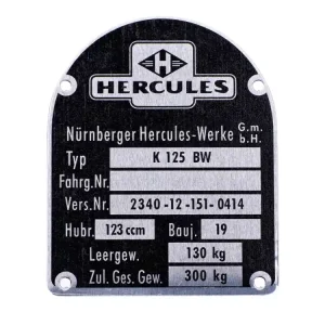 Top-Seller Typenschild Aluminium Schwarz 123 ccm für Hercules, K 125