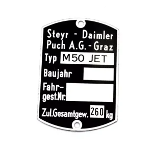 Rahmen Typenschild Maße 59 x 40mm für Puch M 50 Jet Highlight