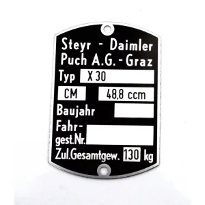 Typenschild Blanko 59x40mm für Puch, X 30 Sonderaktion